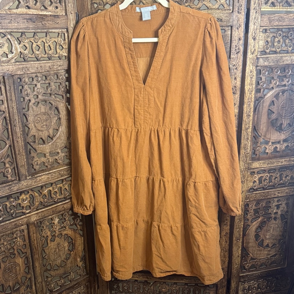 Lucky Brand Long Sleeve Corduroy Tiered Dress in Tan